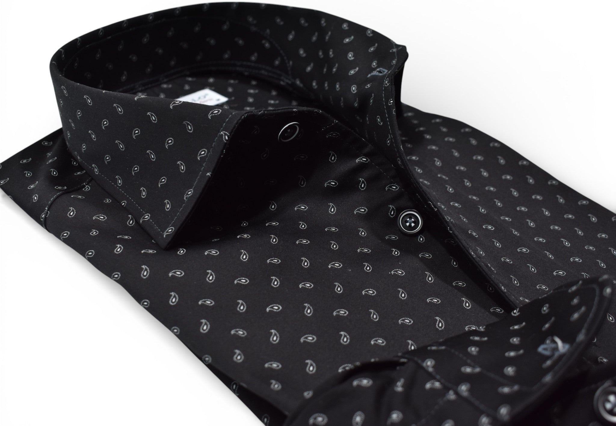 Marcello black shirt with white paisley.