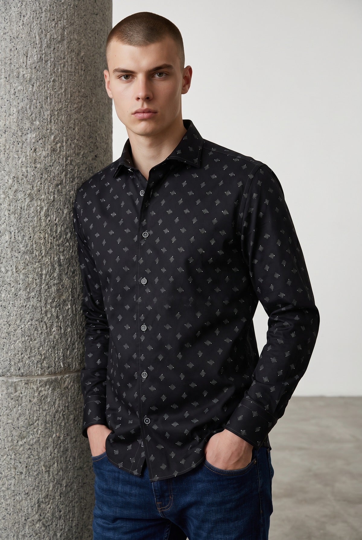 Marcello black shirt with white square geometric.