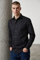Marcello black shirt with white square geometric.
