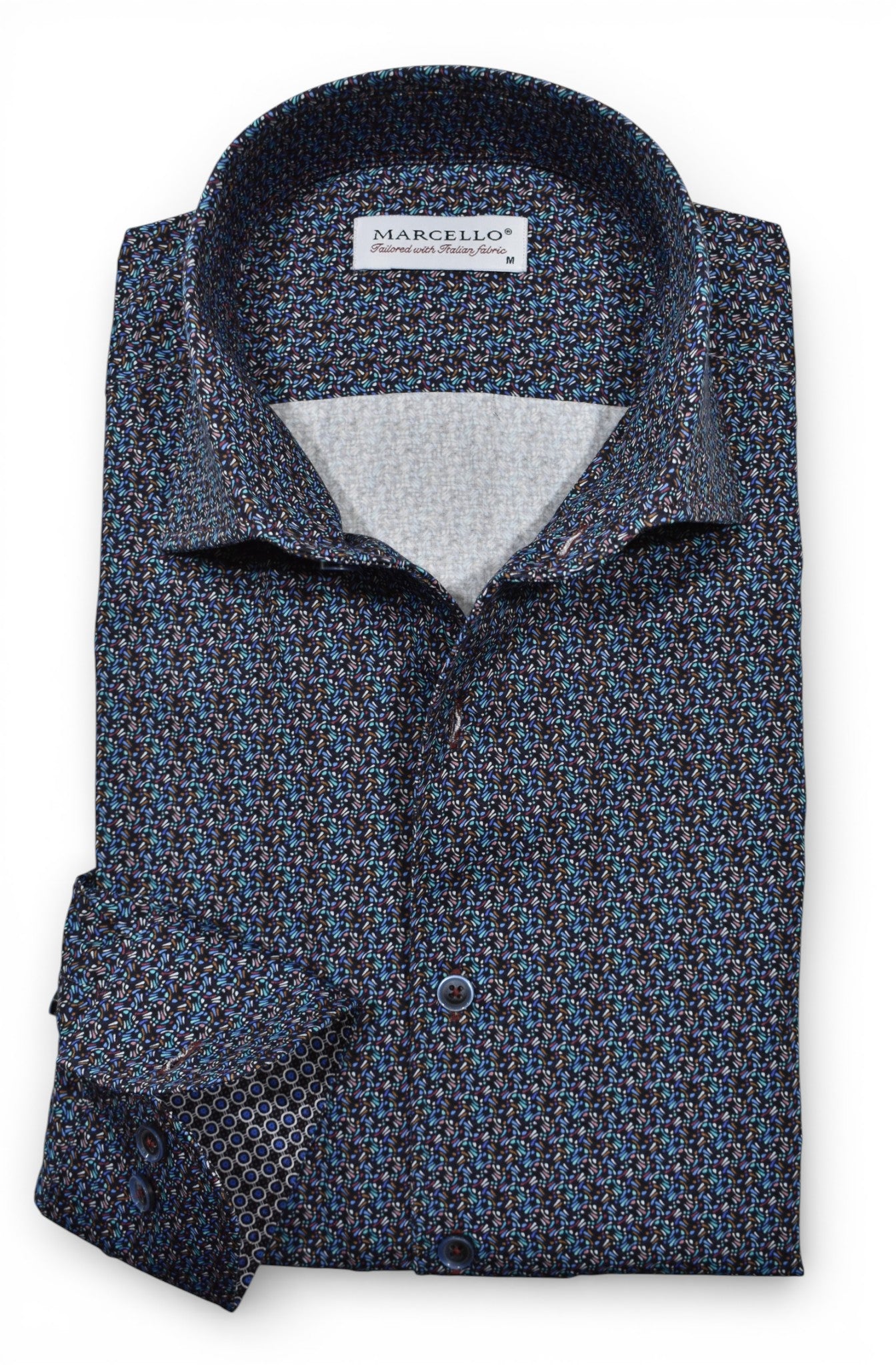 Marcello emerald and teal wave pattern shirt.