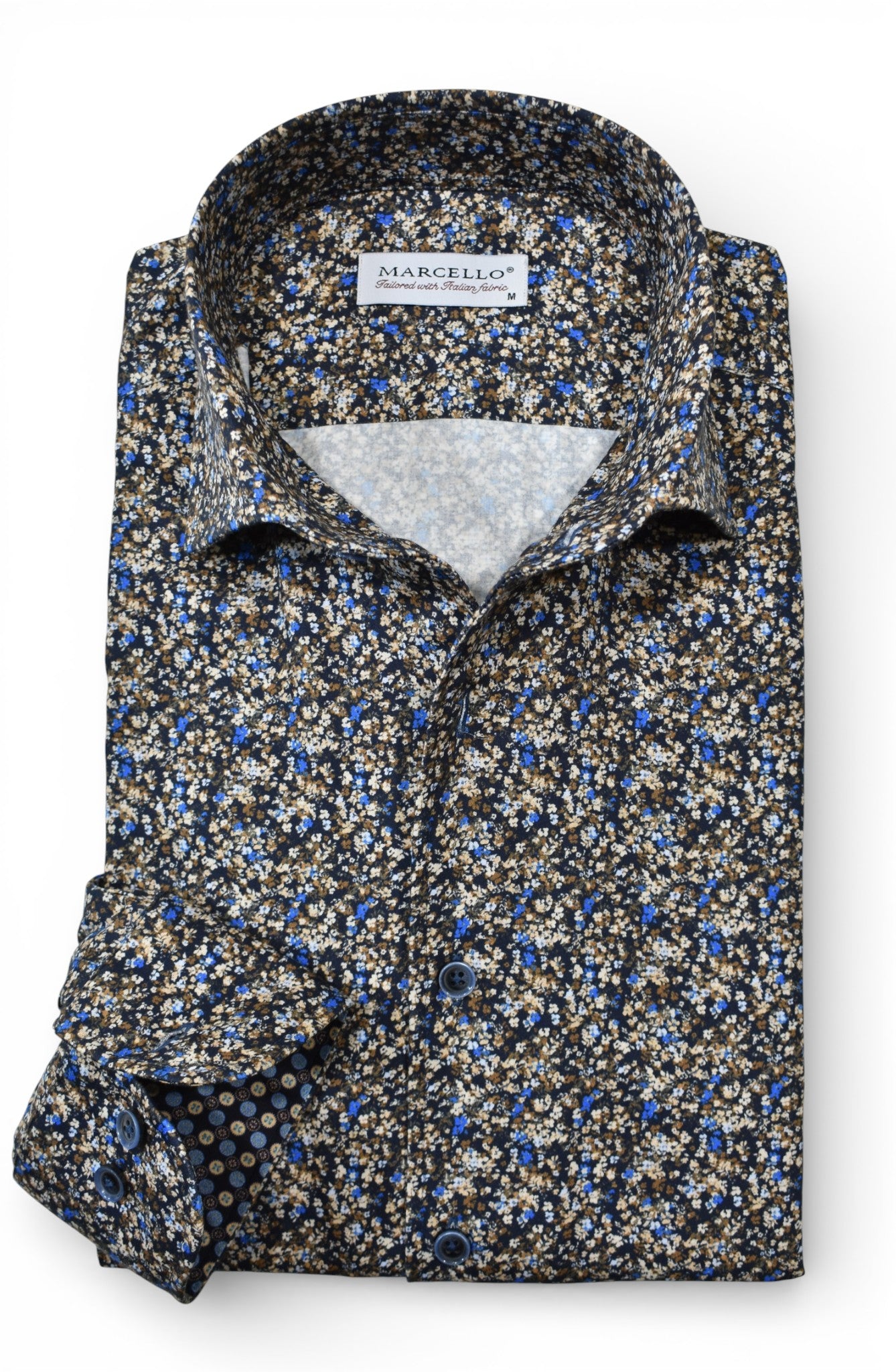 Marcello chocolate-tan-blue micro floral shirt.
