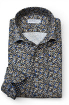 Marcello chocolate-tan-blue micro floral shirt.