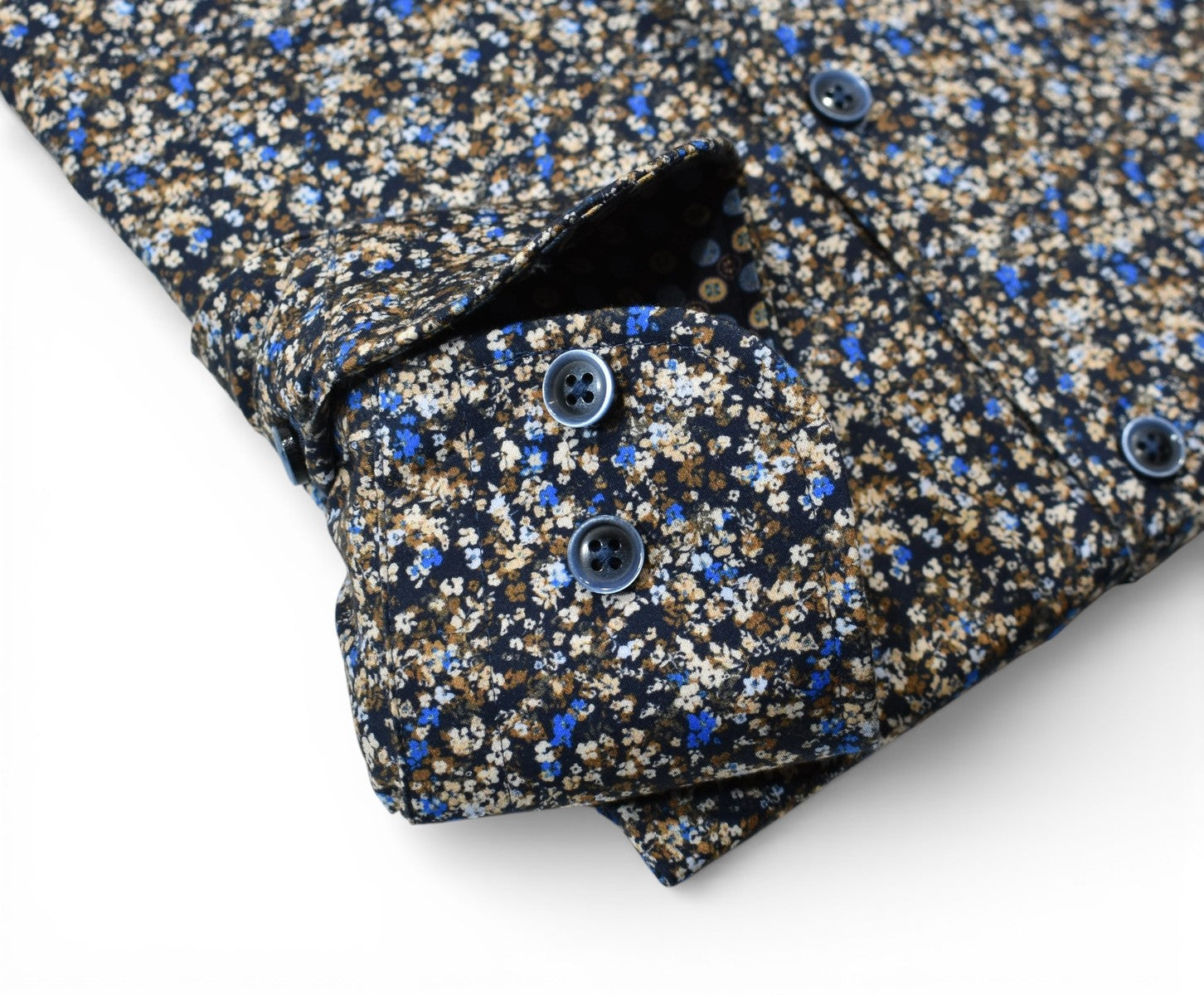Marcello chocolate-tan-blue micro floral shirt.