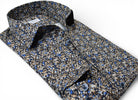 Marcello chocolate-tan-blue micro floral shirt.