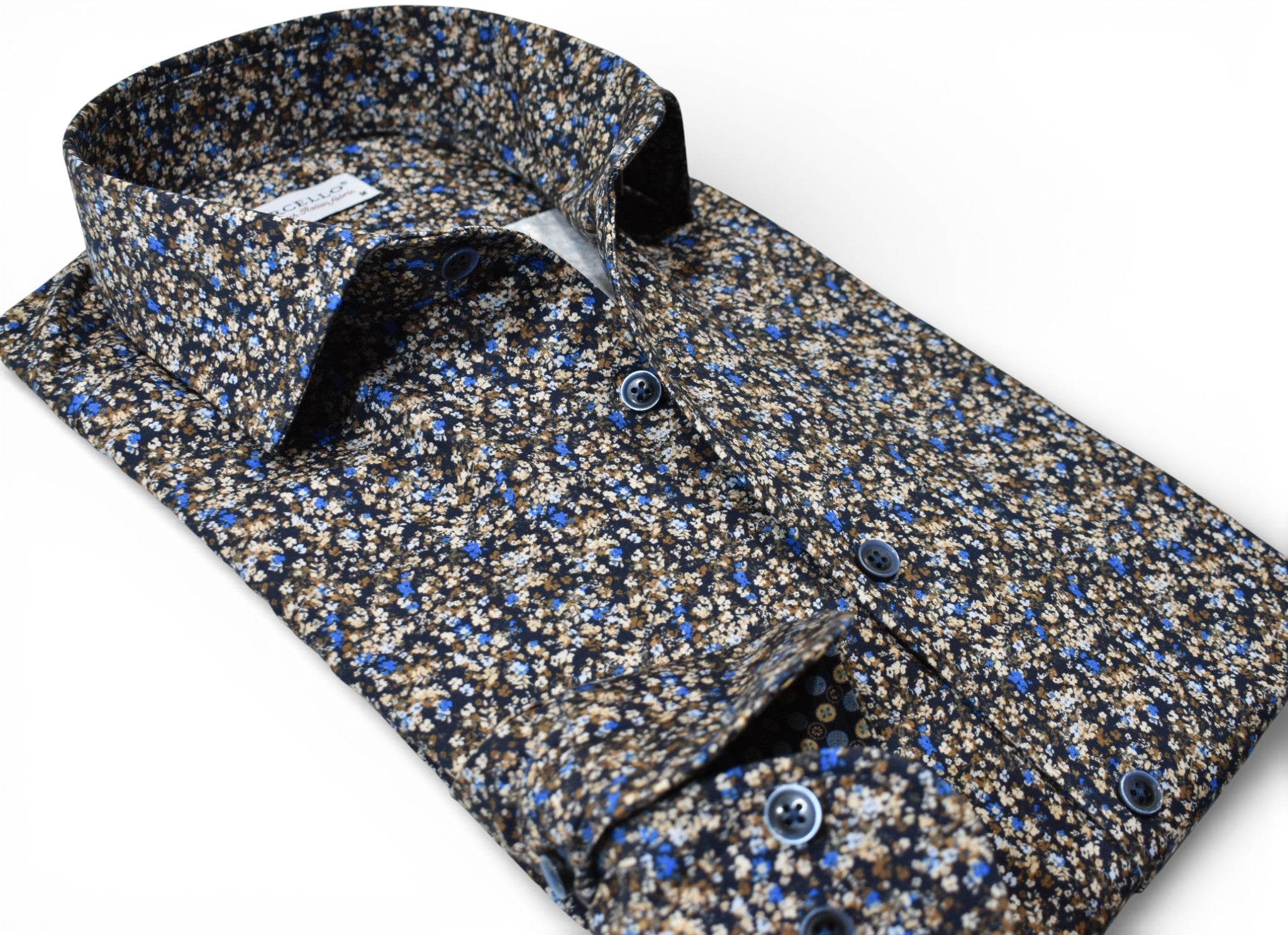 Marcello chocolate-tan-blue micro floral shirt.