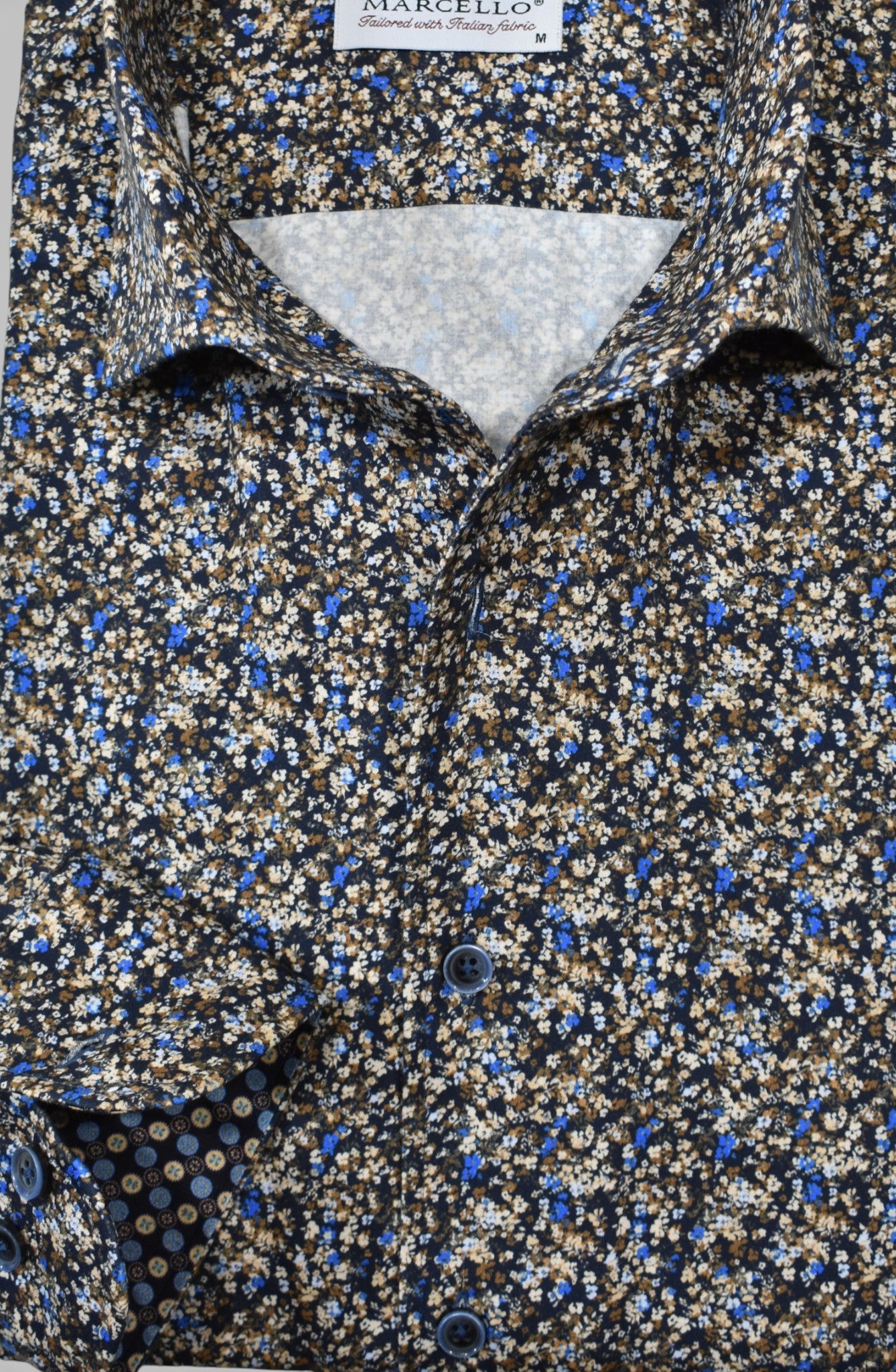 Marcello chocolate-tan-blue micro floral shirt.