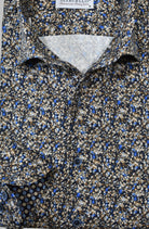 Marcello chocolate-tan-blue micro floral shirt.
