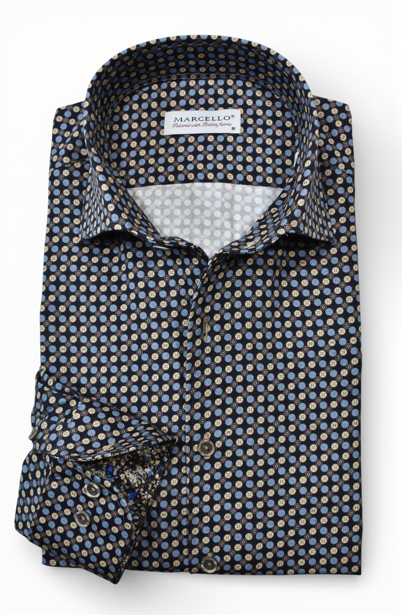 Marcello blue tan circle medallion shirt.