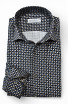 Marcello blue tan circle medallion shirt.