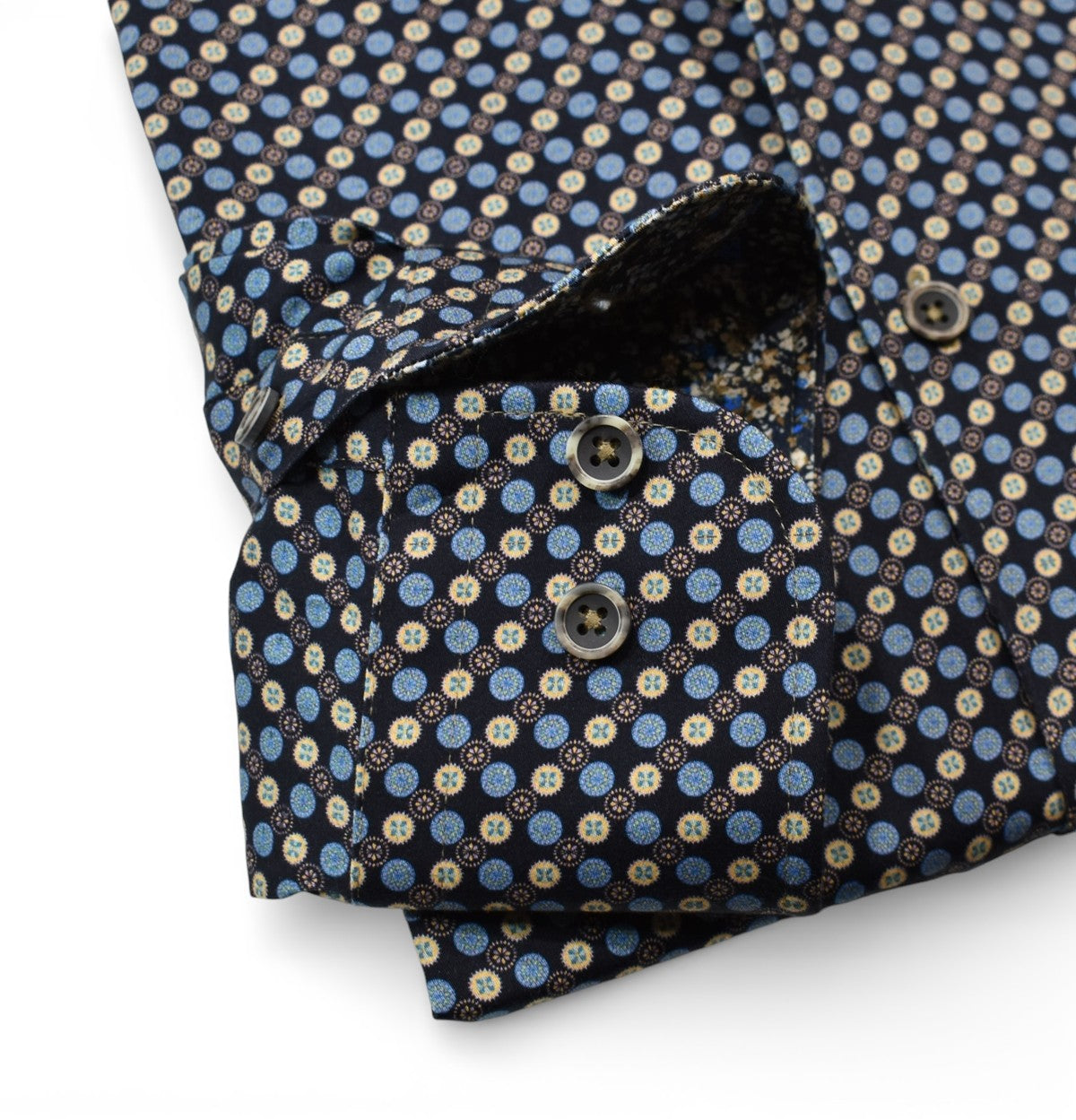 Marcello blue tan circle medallion shirt.