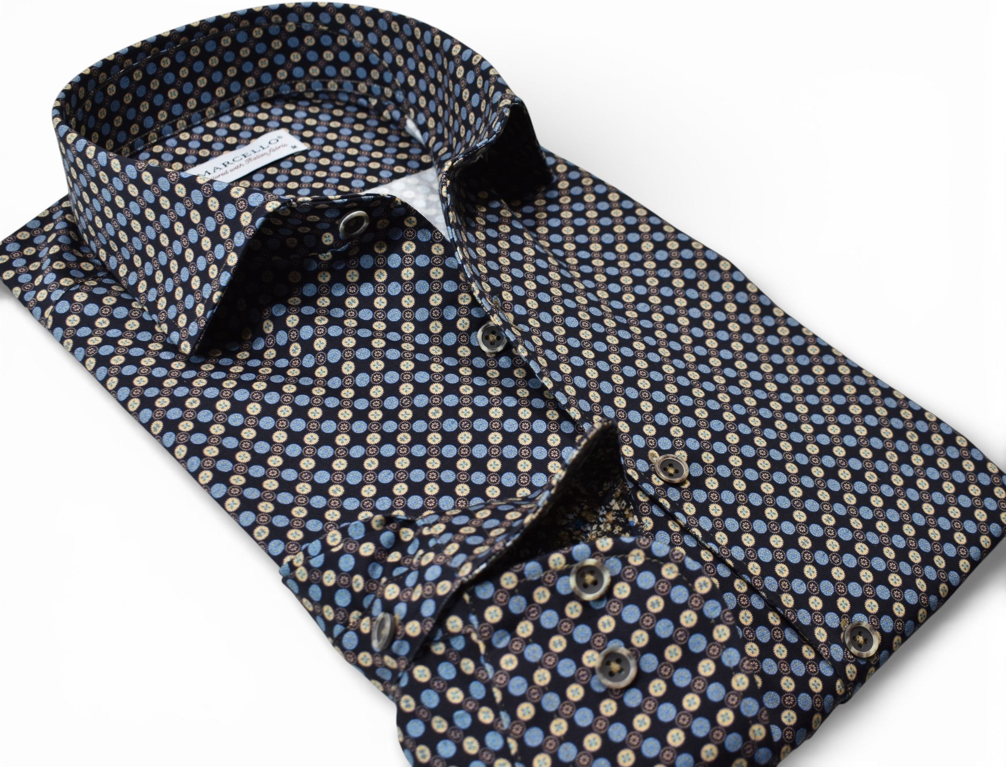 Marcello blue tan circle medallion shirt.