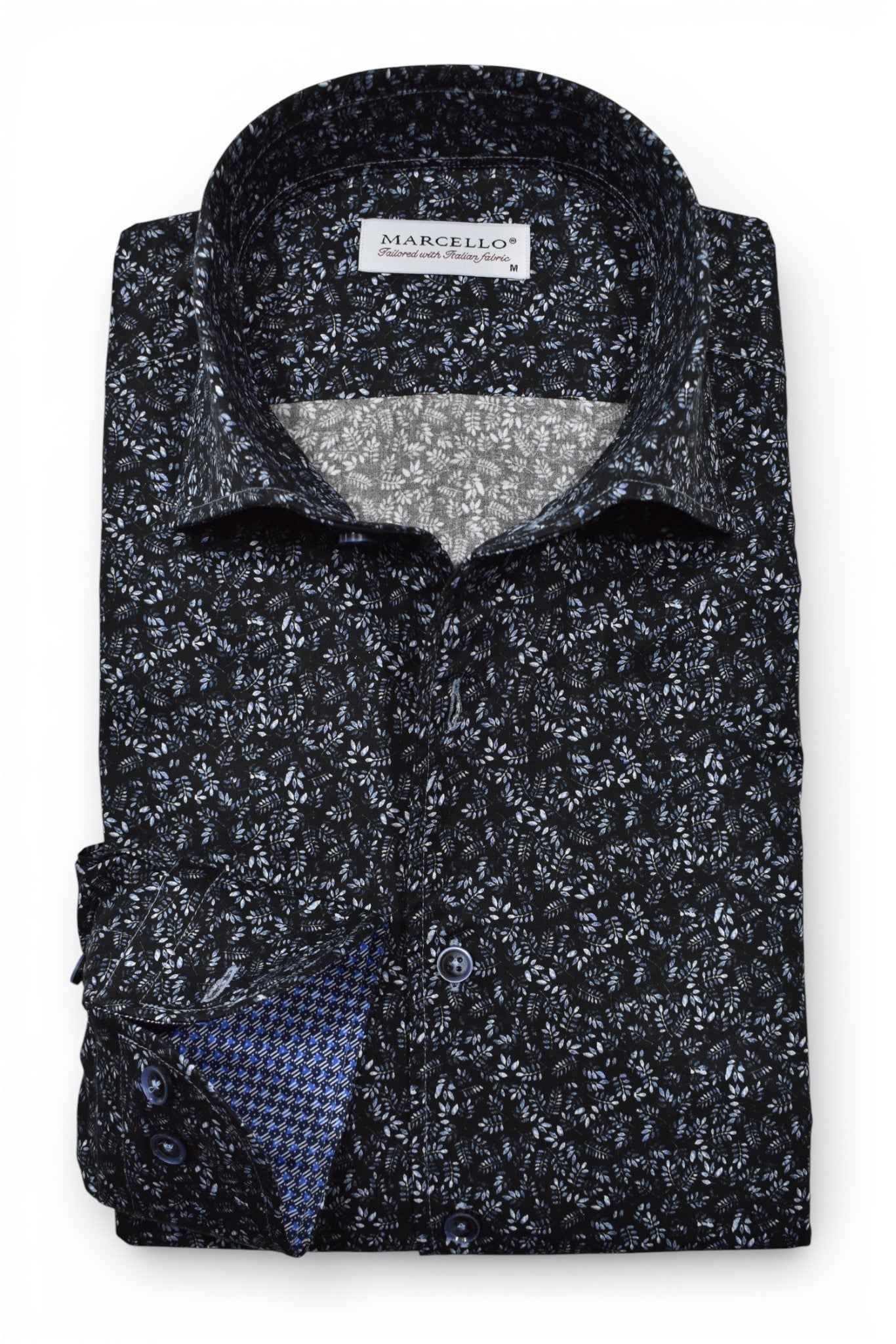 Marcello black with shaded gray floral shirt.