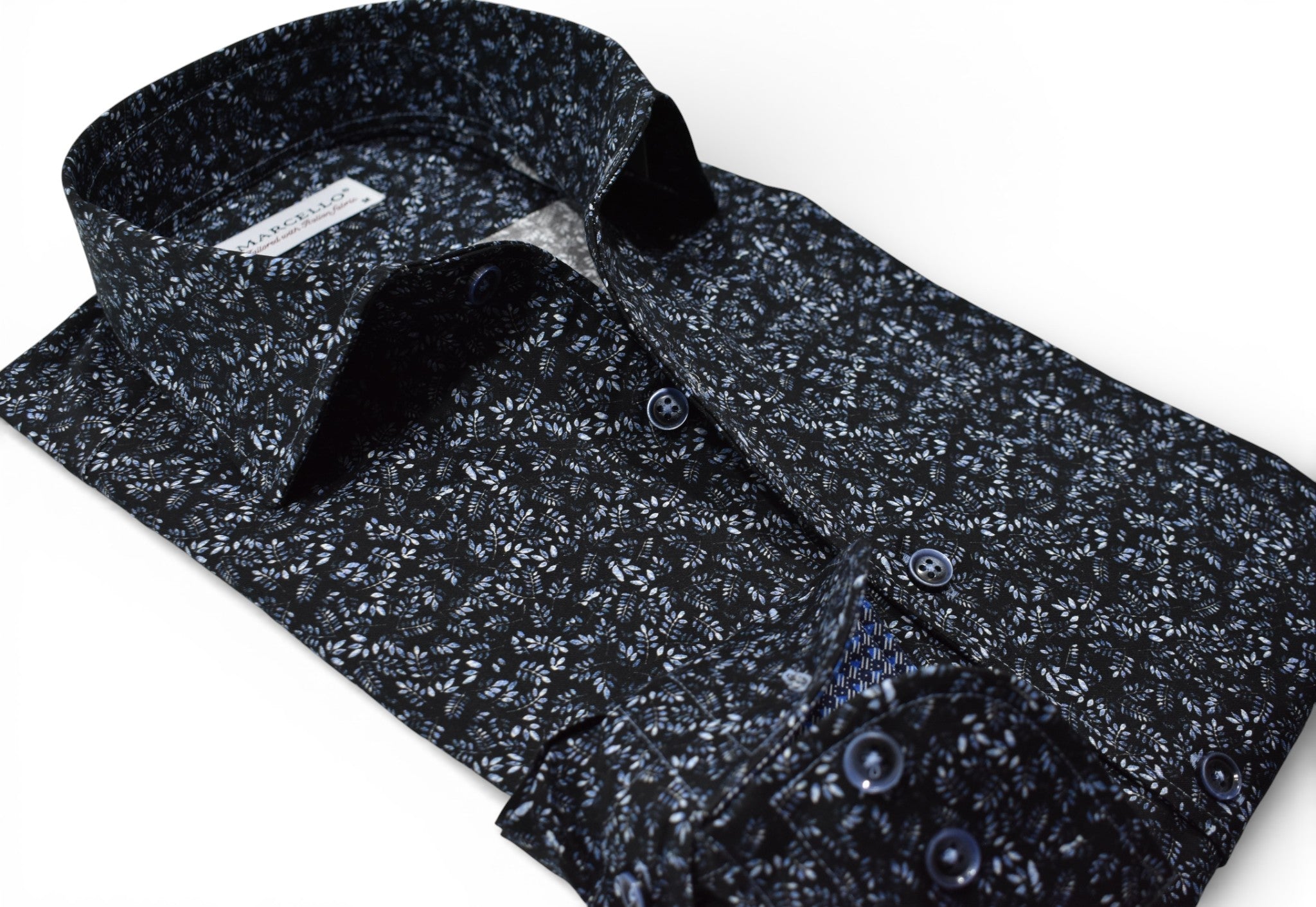 Marcello black with shaded gray floral shirt.
