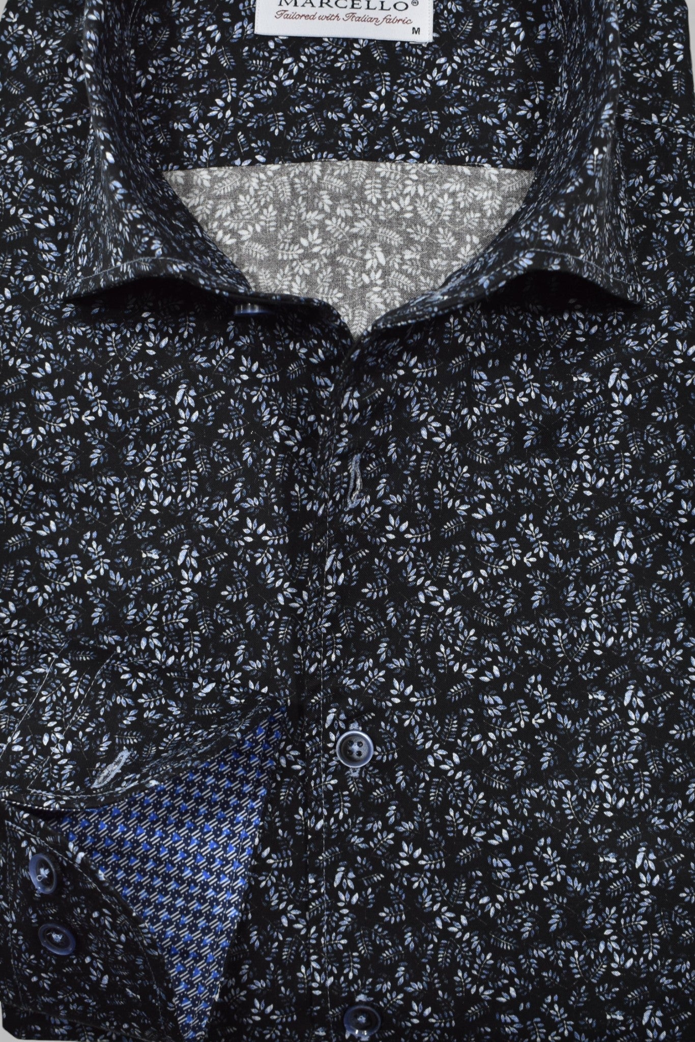 Marcello black with shaded gray floral shirt.
