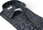 Marcello black floral with accent colors in tan and blue.