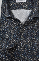 Marcello black floral with accent colors in tan and blue.