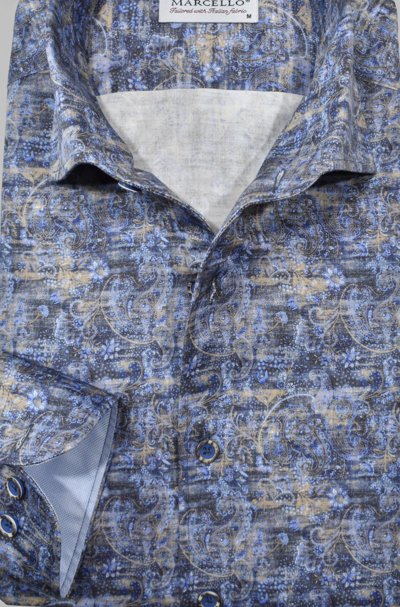 Marcello blended indigo and tan paisley.