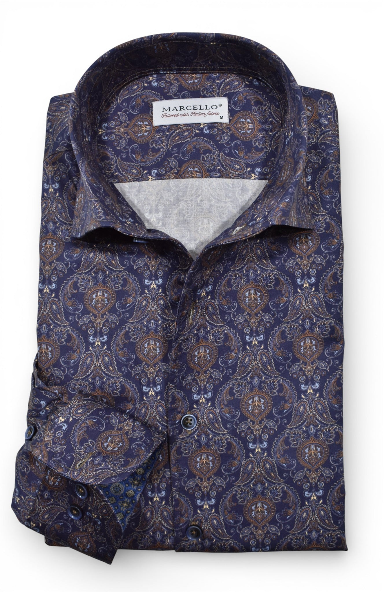 Marcello navy shirt with tan and mocha paisley pattern.