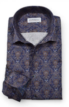 Marcello navy shirt with tan and mocha paisley pattern.