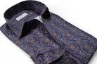 Marcello navy shirt with tan and mocha paisley pattern.
