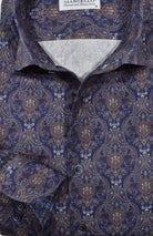 Marcello navy shirt with tan and mocha paisley pattern.
