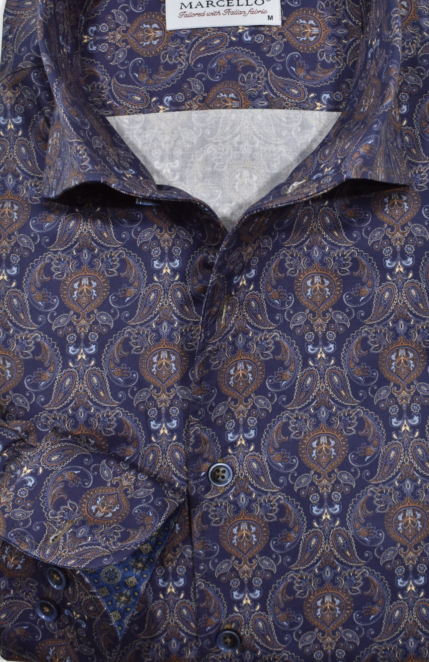 Marcello navy shirt with tan and mocha paisley pattern.