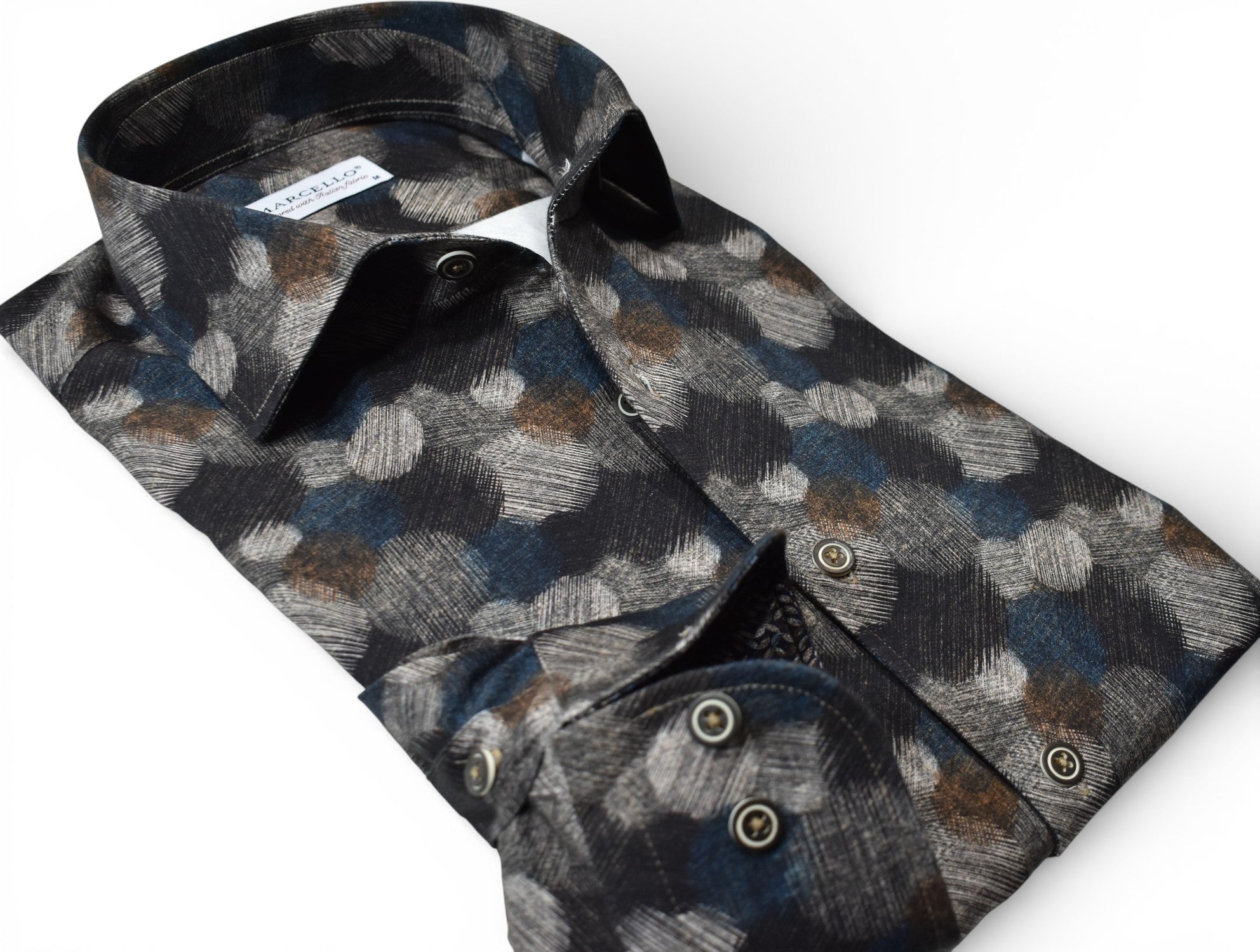 Marcello earth tone brushed circles shirt.