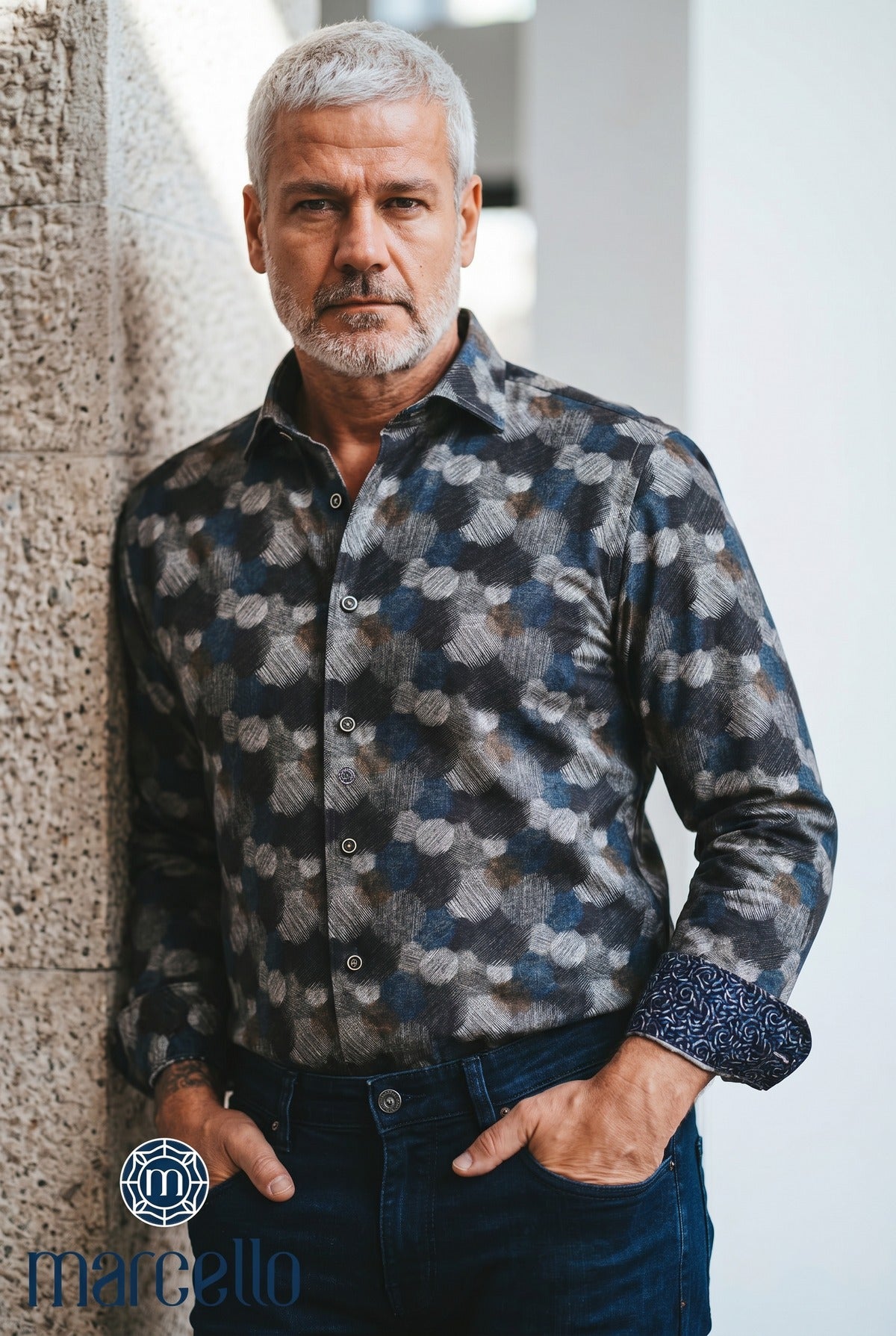 Marcello earth tone brushed circles shirt.