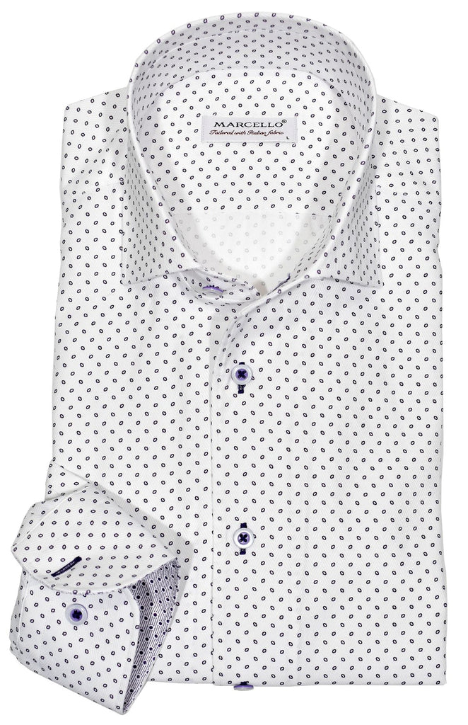 Exclusive Marcello 1 Piece Roll Collar Shirt.  The one piece roll collar stands perfectly and looks fantastic alone or under a sport coat.  The classic lilac open paisley pattern coupled with a rich tonal herringbone fabric creates a sophisticated look to set your apart from the rest.  Hand selected buttons, two button cuff placket for the best look when rolling up the cuffs and enhanced stitch detailing.  Classic shaped fit.
