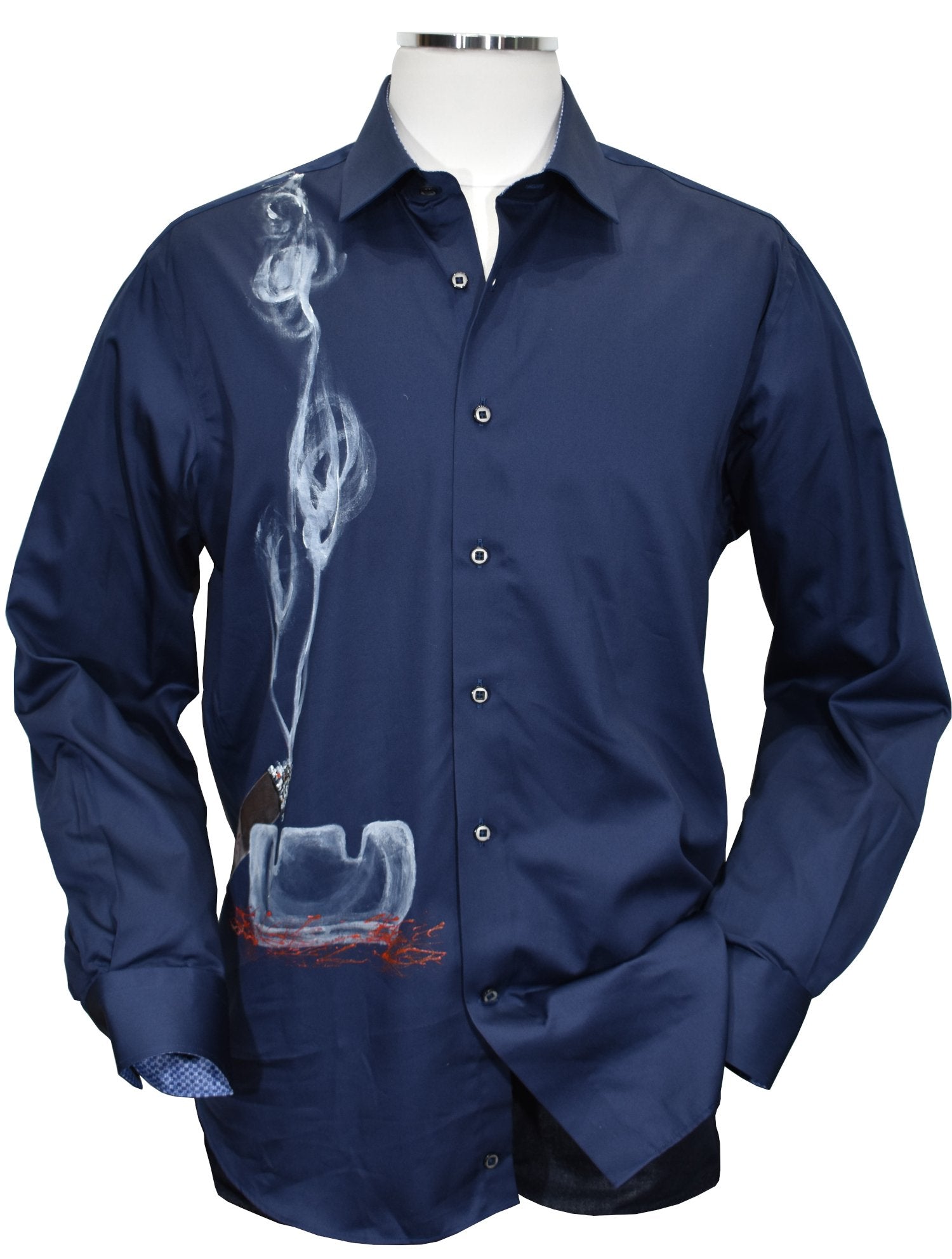 Be unique and stand out with this one-of-a-kind Marcello Hand Painted Cigar shirt. Crafted with luxurious cotton sateen fabric for a soft feel, its exclusive hand painted design will have heads turning. Dare to be bold with this must-have piece! by Marcello