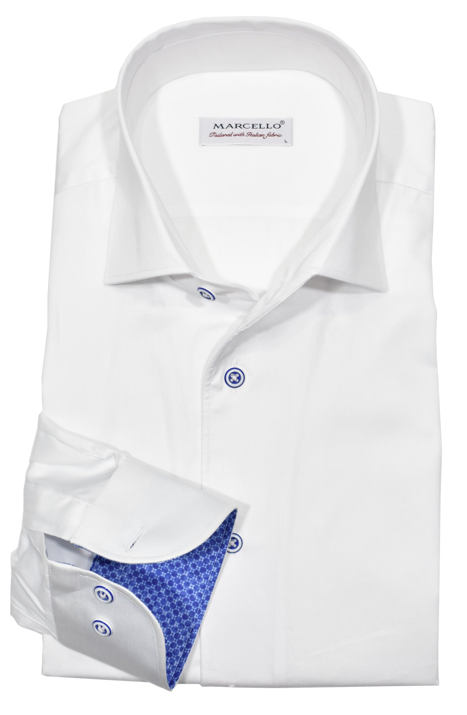 Introducing a wardrobe staple, the Classic Solid Cotton shirt. Made with soft cotton sateen fabric and customized buttons, this shirt exudes sophistication. The medium collar and unique accent trim fabric elevate your style, making a statement in any setting. By Marcello.