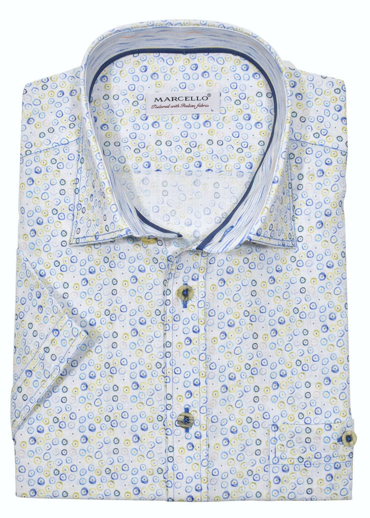 Soft cotton textured fabric. Cool open medallion print with Spring/Summer blue and maize colorations. Contrast double track stitching and a classic button chest pocket.  Short Sleeve.  Medium collar.  Classic shaped fit.
