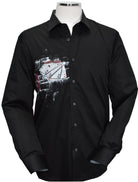 his black shirt features a one-of-a-kind gambling motif, hand-painted by the artist on soft, cotton sateen fabric. Each shirt is unique, making it a truly cool and stylish addition to any wardrobe. The perfect choice for those who want to stand out and make a statement with their fashion. Exclusivey by Marcello.