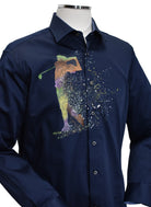 This navy shirt features a one-of-a-kind contemporary golf motif, hand-painted by the artist on soft, cotton sateen fabric. Each shirt is unique, making it a truly cool and stylish addition to any wardrobe. The perfect choice for those who want to stand out and make a statement with their fashion. Exclusivey by Marcello.