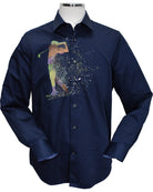 This navy shirt features a one-of-a-kind contemporary golf motif, hand-painted by the artist on soft, cotton sateen fabric. Each shirt is unique, making it a truly cool and stylish addition to any wardrobe. The perfect choice for those who want to stand out and make a statement with their fashion. Exclusivey by Marcello.