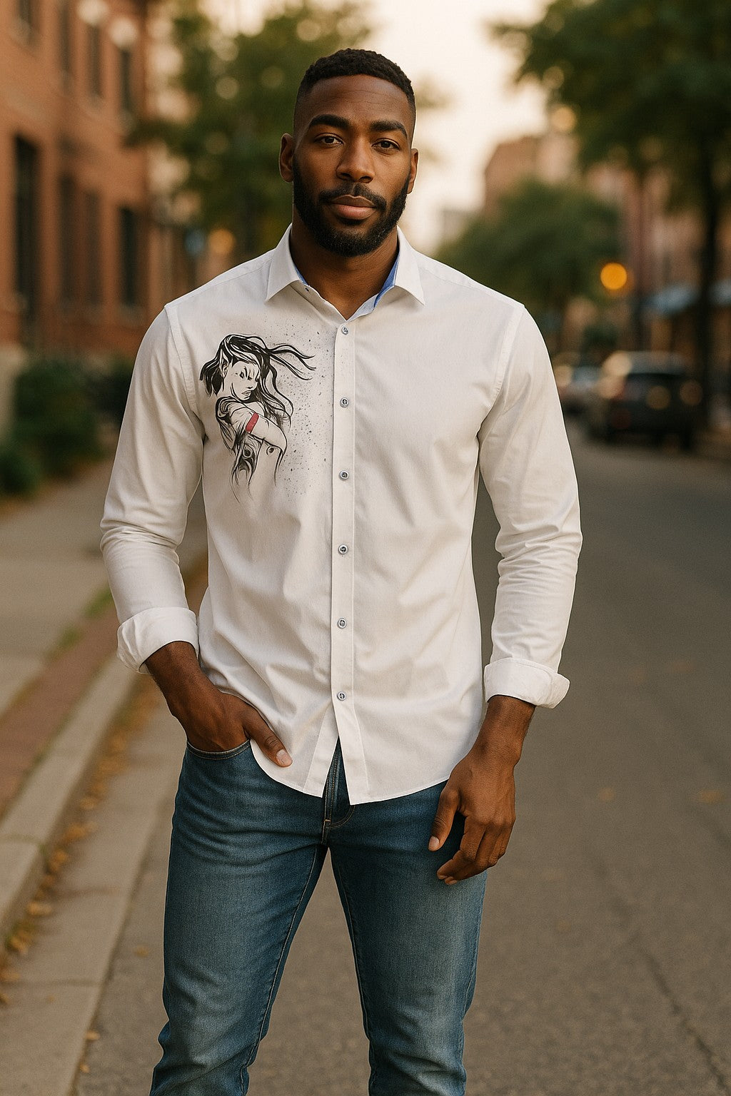 This crisp white shirt features a one-of-a-kind contemporary couple embracing motif, hand-painted by the artist on soft, cotton sateen fabric.