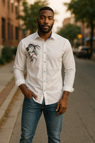 This crisp white shirt features a one-of-a-kind contemporary couple embracing motif, hand-painted by the artist on soft, cotton sateen fabric.
