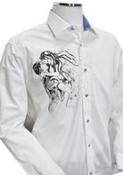 This crisp white shirt features a one-of-a-kind contemporary couple embracing motif, hand-painted by the artist on soft, cotton sateen fabric. Each shirt is unique, making it a truly cool and stylish addition to any wardrobe. The perfect choice for those who want to stand out and make a statement with their fashion. Exclusivey by Marcello.