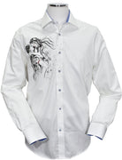 This crisp white shirt features a one-of-a-kind contemporary couple embracing motif, hand-painted by the artist on soft, cotton sateen fabric. Each shirt is unique, making it a truly cool and stylish addition to any wardrobe. The perfect choice for those who want to stand out and make a statement with their fashion. Exclusivey by Marcello.