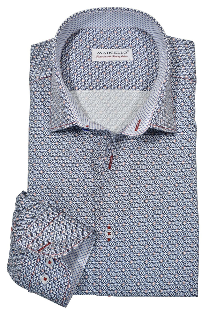 An eye-catching look that will keep you cool and comfortable all day! Our W702 Diamante Sport Shirt is crafted of soft cotton sateen and presents a stunning visual of concentric open diamonds in shades of navy and red. Trimmed with all-over red stitch detailing, this classic-fit shirt is the perfect denim companion.