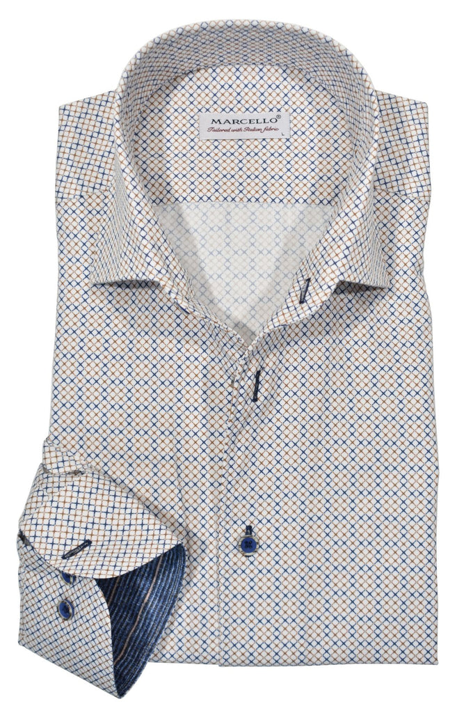 The W705R Tack Open Roll Collar has been expertly crafted with the Marcello one piece, roll collar, providing an excellent fit and an outstanding statement. The perfect complement for blue and tan bottoms, the fabric features an open x pattern in soft tan and blue, perfectly matched with custom buttons and cuff trim fabric. Soft cotton fabric and a classic shape make this a timeless addition to any wardrobe. by Marcello