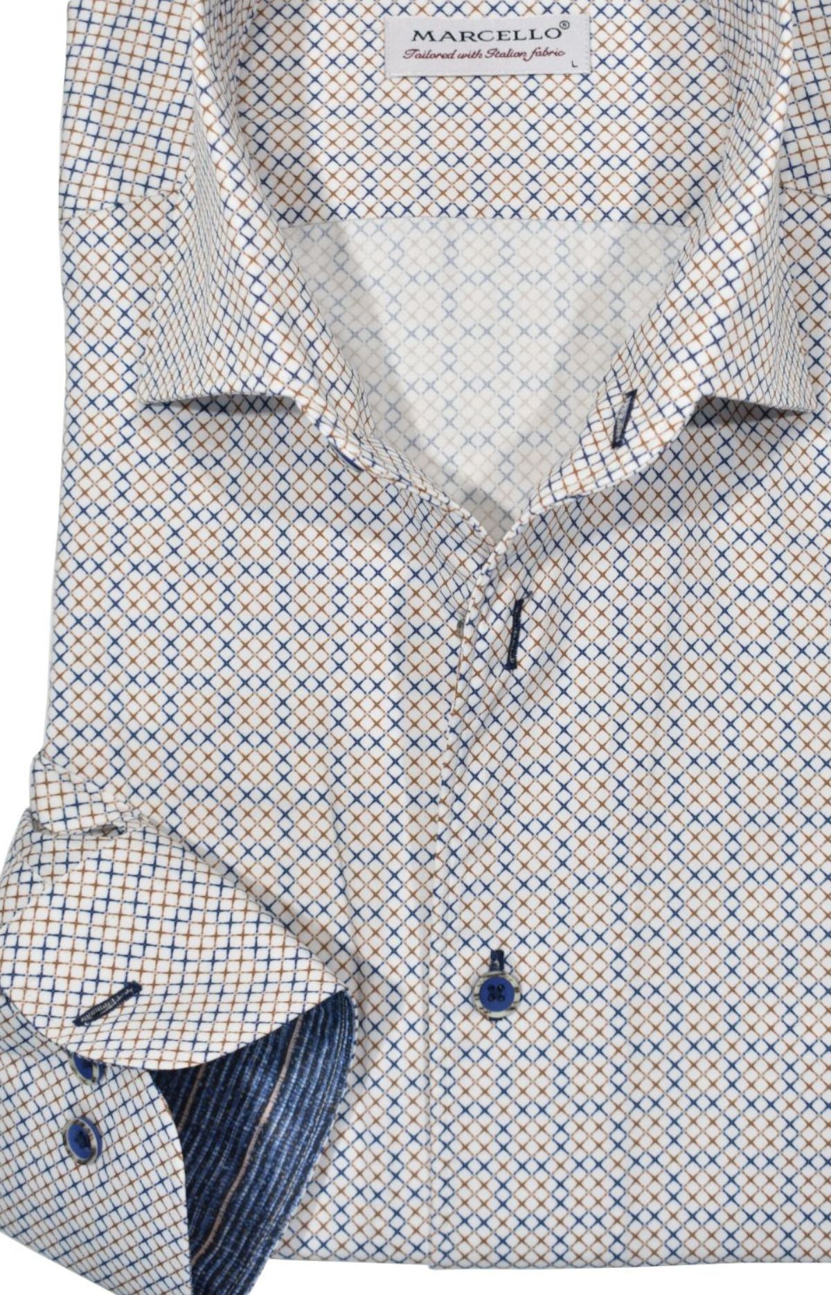 The W705R Tack Open Roll Collar has been expertly crafted with the Marcello one piece, roll collar, providing an excellent fit and an outstanding statement. The perfect complement for blue and tan bottoms, the fabric features an open x pattern in soft tan and blue, perfectly matched with custom buttons and cuff trim fabric. Soft cotton fabric and a classic shape make this a timeless addition to any wardrobe. by Marcello