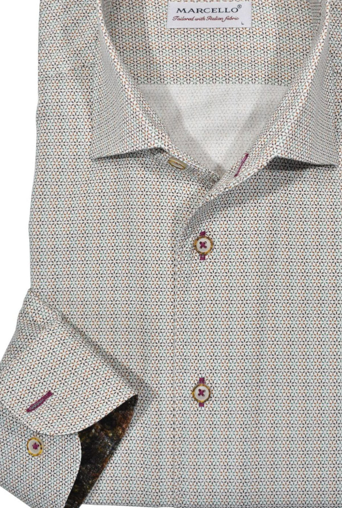 Experience timeless elegance with the W706 Monaco Neat. This sophisticated piece is crafted from soft cotton sateen with a finely printed jeweled tone geometric pattern sure to complement any wardrobe. Further designed with perfectly matched buttons and classic shaped fit, this is a luxurious image. by Marcello