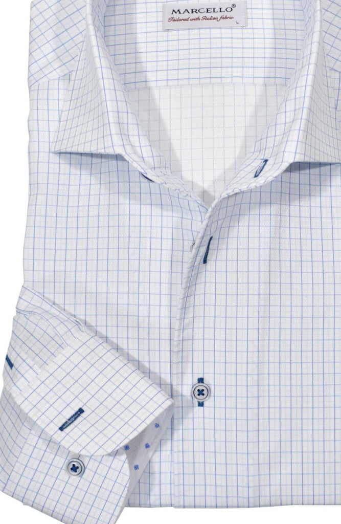 When you prefer simplicity and timelessness, this patterned cotton microfiber fabric is an ideal selection for your sartorial wardrobe. The Marcello single-piece roll collar is extraordinary and stands emphatically, sure to garner attention. Complemented with cuff trim and bespoke fastenings, its classic shaped silhouette provides a perfect fit.