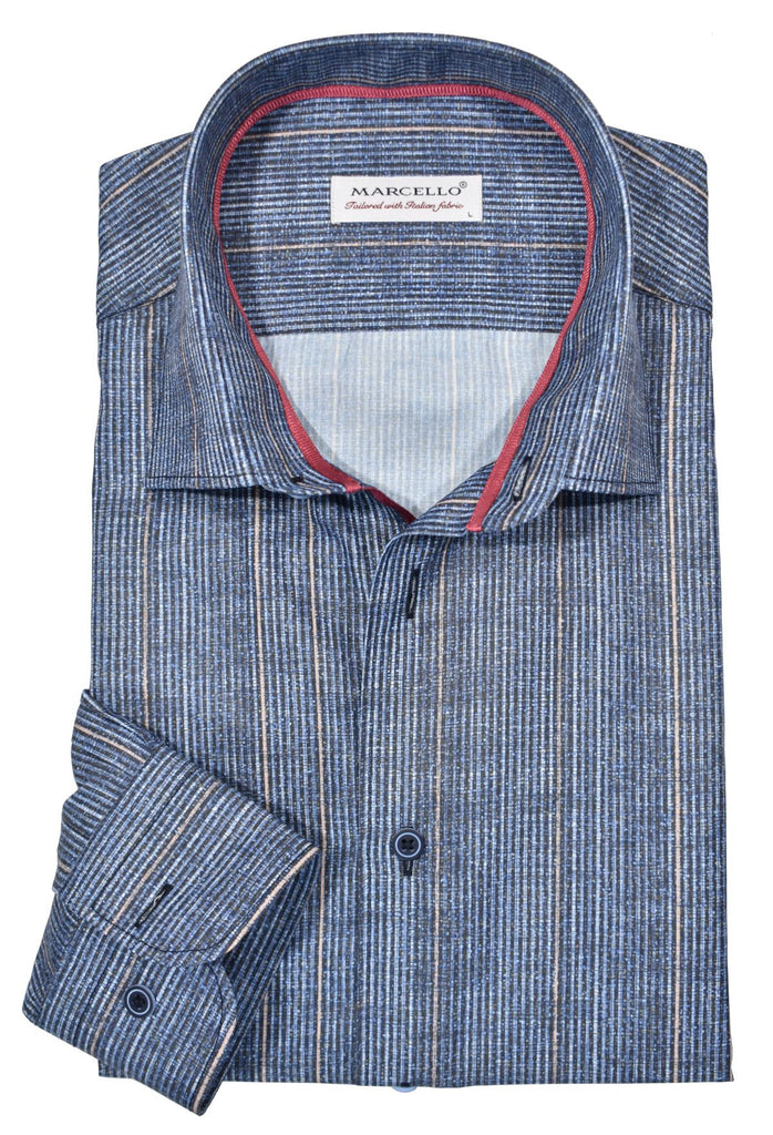 Our soft cotton and microfiber brushed stripe pattern is a comfortable yet stylish look that pairs great with jeans or provides a cool look with shorts on a warm day. Custom matched buttons and red neck piping add a beautiful finishing touch. The medium collar and classic shaped fit offer a perfect fit for any occasion.