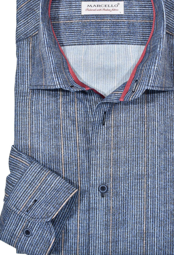 Our soft cotton and microfiber brushed stripe pattern is a comfortable yet stylish look that pairs great with jeans or provides a cool look with shorts on a warm day. Custom matched buttons and red neck piping add a beautiful finishing touch. The medium collar and classic shaped fit offer a perfect fit for any occasion.