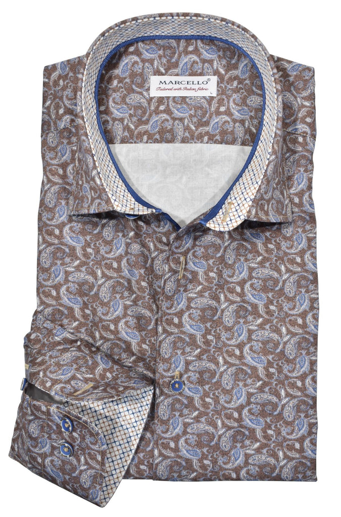 Boast a sleek, trendy look with this beautiful mocha to bronzed shirt, boasting warm tan and blue paisleys printed on a cotton-blend fabric. Pants in tan or brown hues make a splendid pairing with this timeless design, highlighted by custom neck and cuff trim, royal neck piping and a classic fit. by Marcello