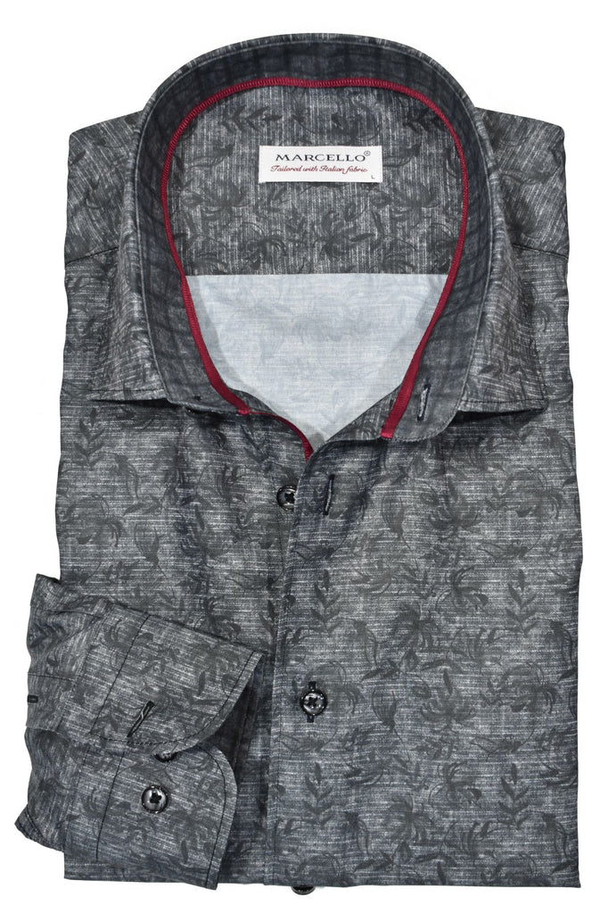 This island motif shirt features an elegant and contemporary design, crafted from a luxurious blend of cotton and microfiber for a silk-like feel. A soft gray-smoked pattern with charcoal to black foliage creates a timeless look. Custom-matched buttons, red neck taping, and a classic shaped fit complete the design. by Marcello