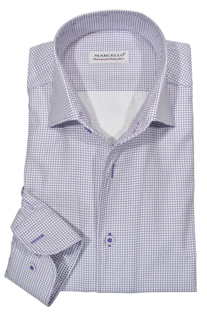 The opulent Marcello open collar shirt exudes chicness with its neat grid pattern printed on a luxurious herringbone fabric. Crafted from cotton blended with microfiber, this garment feels delightful against the skin. Its herringbone jacquard and plum hue make it a versatile wardrobe favorite. Boasting matched buttons, meticulous stitch work, and its classic silhouette, this shirt is sure to impress.