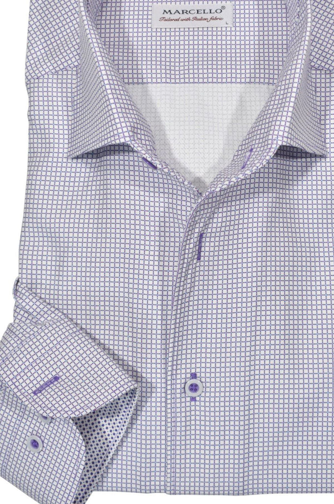 The opulent Marcello open collar shirt exudes chicness with its neat grid pattern printed on a luxurious herringbone fabric. Crafted from cotton blended with microfiber, this garment feels delightful against the skin. Its herringbone jacquard and plum hue make it a versatile wardrobe favorite. Boasting matched buttons, meticulous stitch work, and its classic silhouette, this shirt is sure to impress.